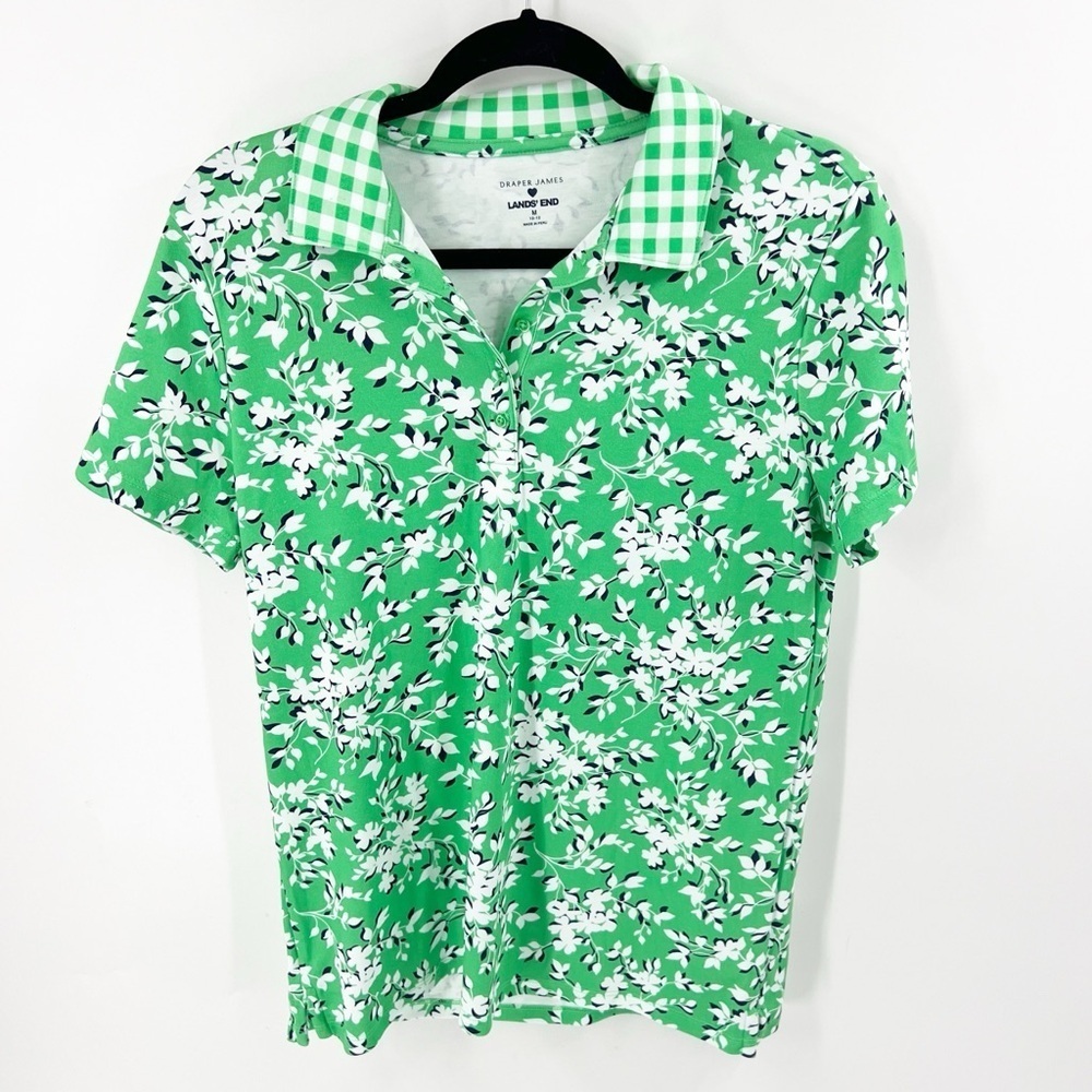 ✅Draper James Lands End Supima Polo Size MEDIUM 10-12 green gingham floral shirt